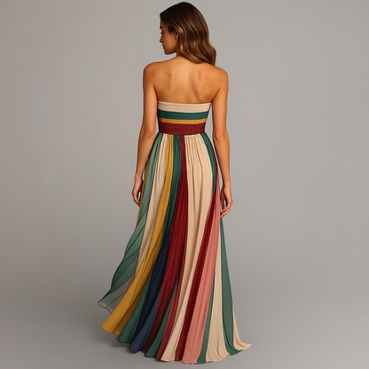 Elegant Multicolor Striped Maxi Dress for Women with Strapless Pleated A Line Flowing Wedding Guest Style