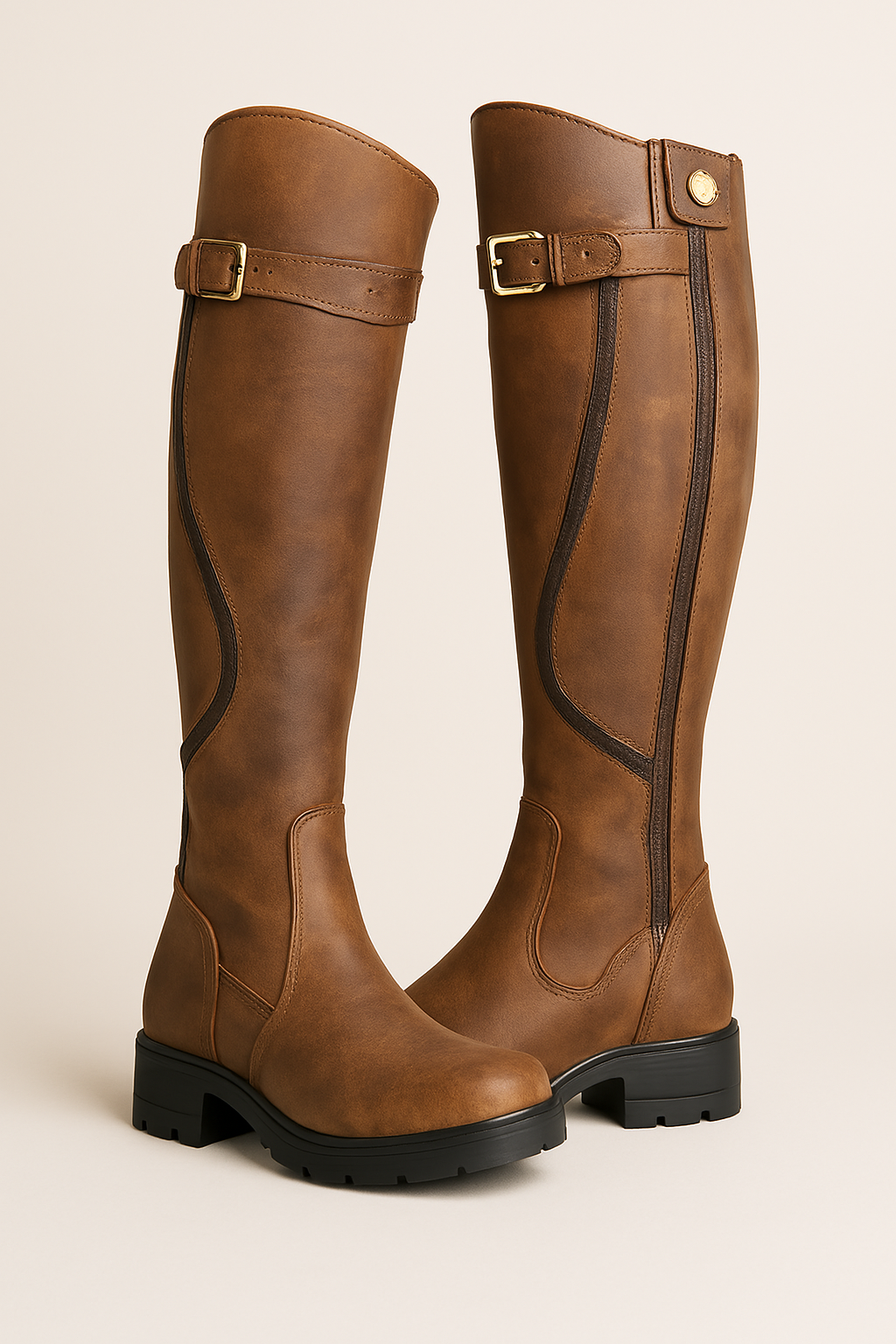 Stylish Knee High Boots for Women with Buckle Strap Block Heel Almond Toe Tall Equestrian Style
