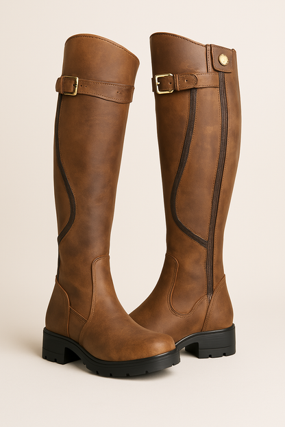 Stylish Knee High Boots for Women with Buckle Strap Block Heel Almond Toe Tall Equestrian Style
