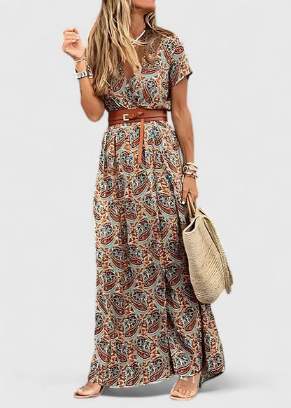 Effortless Paisley Maxi Dress for Women with V Neck Cap Sleeve Wrap Belted Bohemian Style