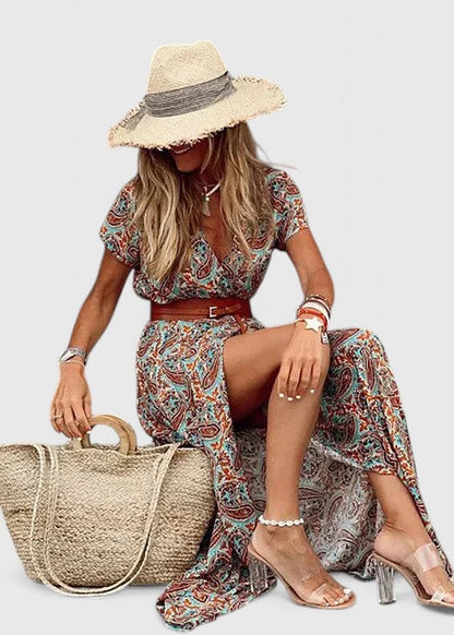 Effortless Paisley Maxi Dress for Women with V Neck Cap Sleeve Wrap Belted Bohemian Style