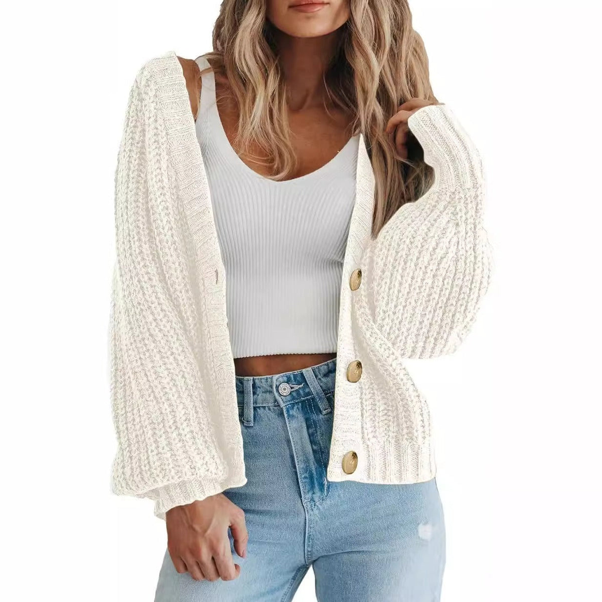 Women's Oversized Chunky Knit Balloon Sleeve Cardigan