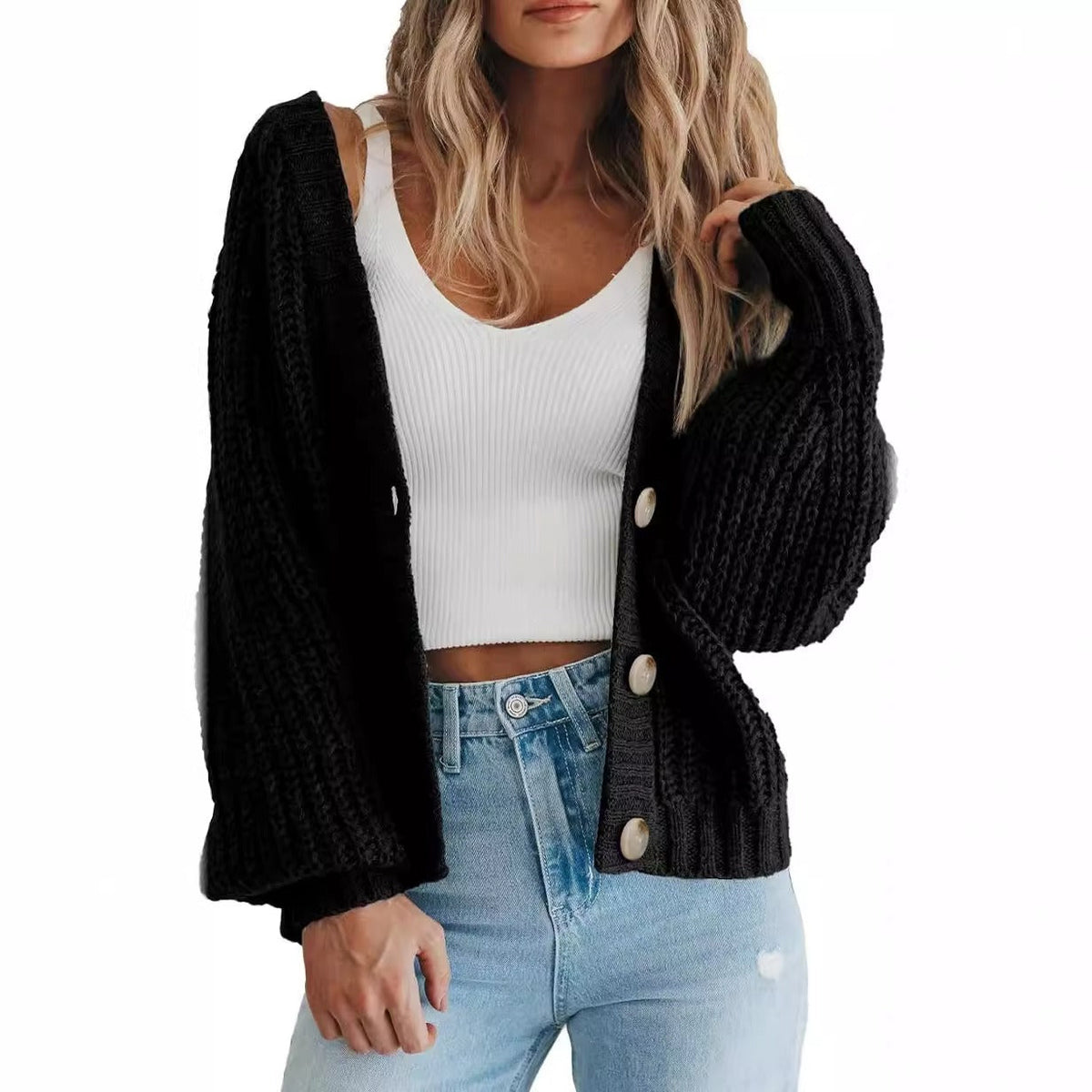 Women's Oversized Chunky Knit Balloon Sleeve Cardigan