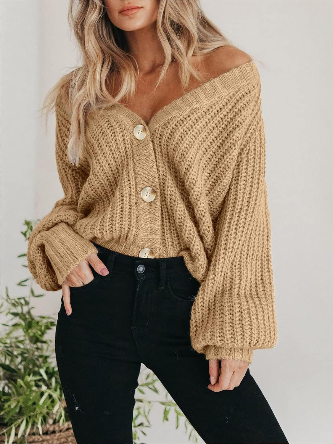 Women's Oversized Chunky Knit Balloon Sleeve Cardigan