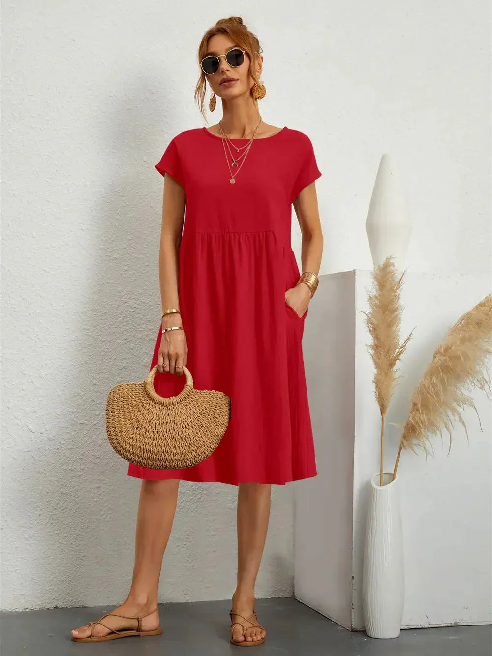 Effortless Red Midi Dress for Women with Round Neck Short Sleeve Pocket Relaxed Casual Style
