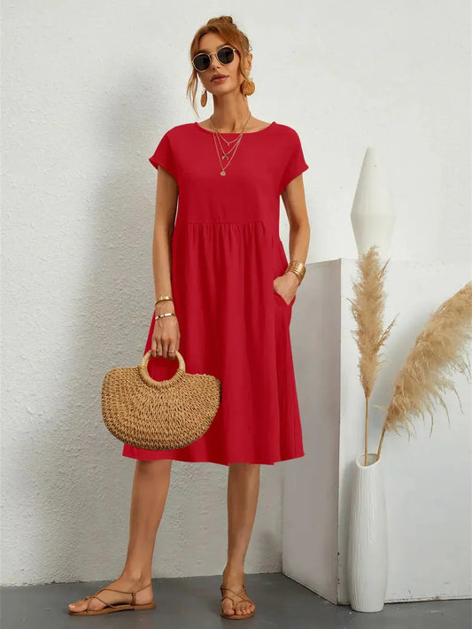 Effortless Red Midi Dress for Women with Round Neck Short Sleeve Pocket Relaxed Casual Style