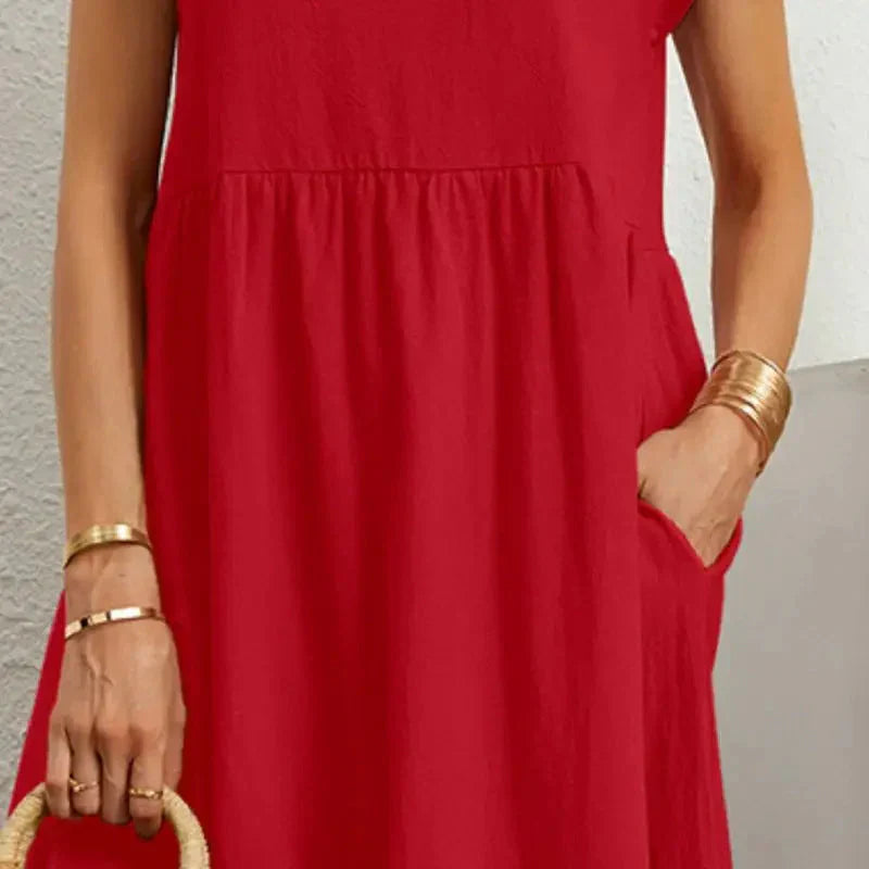 Effortless Red Midi Dress for Women with Round Neck Short Sleeve Pocket Relaxed Casual Style