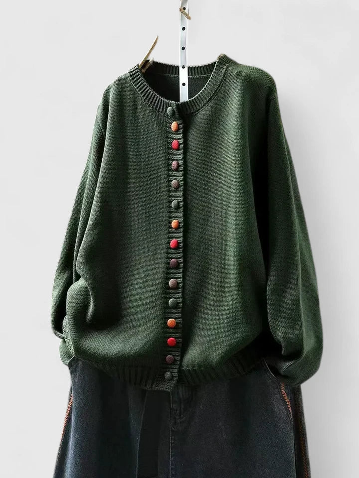 Warm Knit Cardigan for Women with Crew Neck Button Front Long Sleeve Ribbed Knit Easy Style