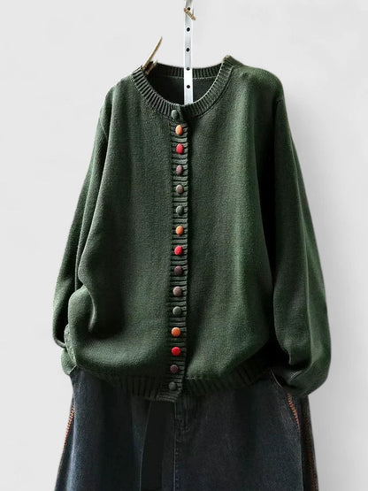 Warm Knit Cardigan for Women with Crew Neck Button Front Long Sleeve Ribbed Knit Easy Style