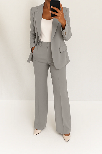 Elegant Tailored Blazer Set for Women with Notched Lapel Long Sleeve Wide Leg Trouser Two Piece Style