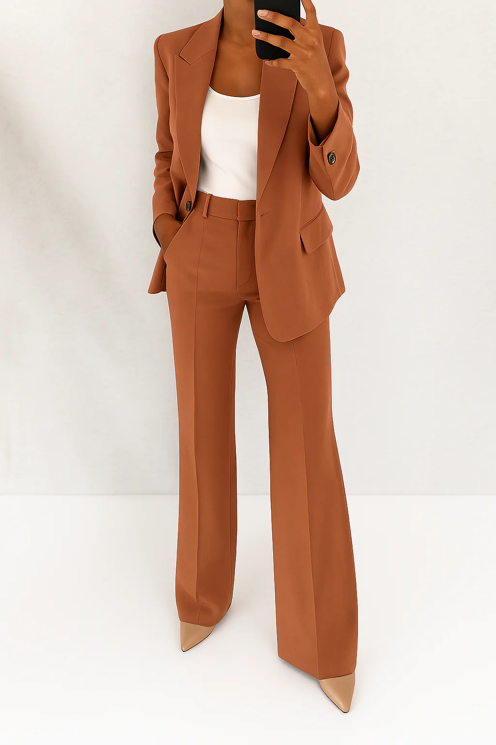 Elegant Tailored Blazer Set for Women with Notched Lapel Long Sleeve Wide Leg Trouser Two Piece Style