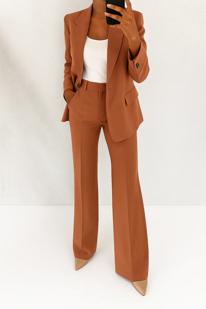 Elegant Tailored Blazer Set for Women with Notched Lapel Long Sleeve Wide Leg Trouser Two Piece Style
