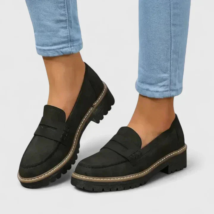 Comfortable Suede Penny Loafer for Women with Platform Chunky Lug Sole Slip On Casual Style