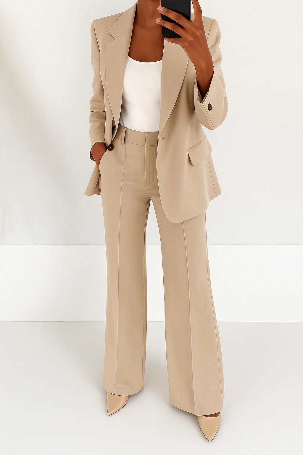 Elegant Tailored Blazer Set for Women with Notched Lapel Long Sleeve Wide Leg Trouser Two Piece Style