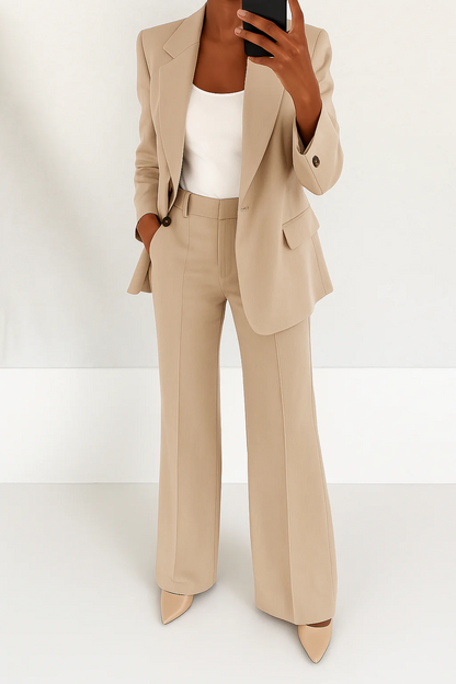Elegant Tailored Blazer Set for Women with Notched Lapel Long Sleeve Wide Leg Trouser Two Piece Style