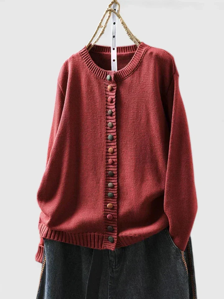 Warm Knit Cardigan for Women with Crew Neck Button Front Long Sleeve Ribbed Knit Easy Style