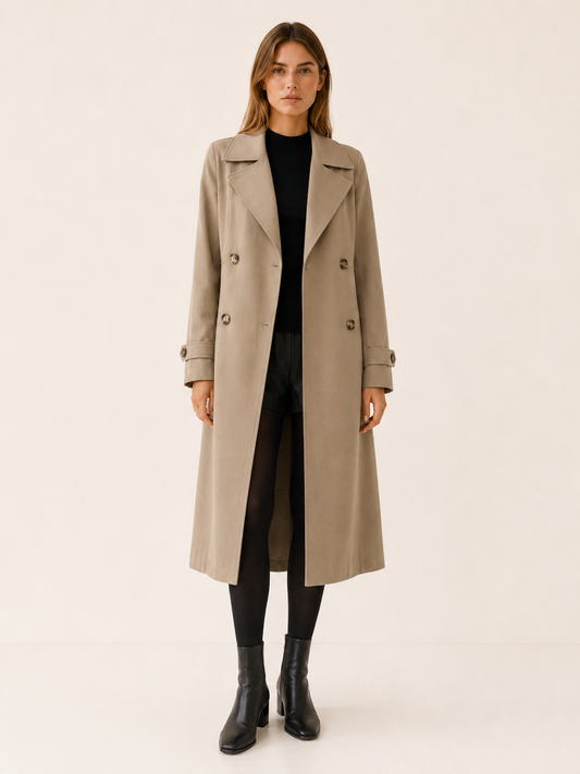 Classic Long Trench Coat for Women with Double Breasted Notched Lapel Cinched Waist Timeless Style