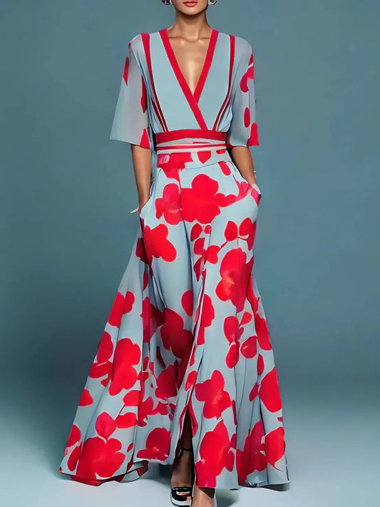 Elegant Blue Floral Maxi Dress for Women with V Neck Half Sleeve Wrap High Slit Flowing Style