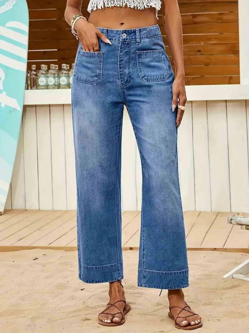 Effortless Blue Wide Leg Jeans for Women with High Waisted Patch Pocket Relaxed Casual Style