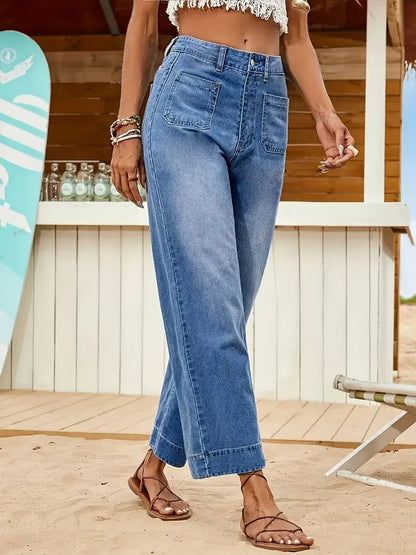 Effortless Blue Wide Leg Jeans for Women with High Waisted Patch Pocket Relaxed Casual Style