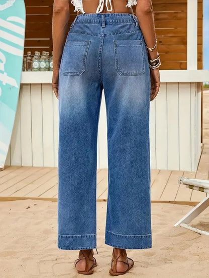 Effortless Blue Wide Leg Jeans for Women with High Waisted Patch Pocket Relaxed Casual Style