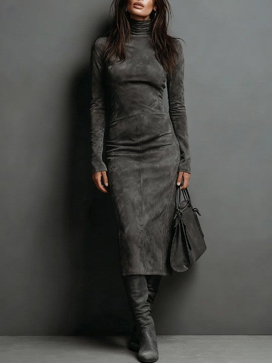 Elegant Suede Midi Dress for Women with Turtleneck Long Sleeve Ruched Sheath Style