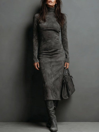 Elegant Suede Midi Dress for Women with Turtleneck Long Sleeve Ruched Sheath Style