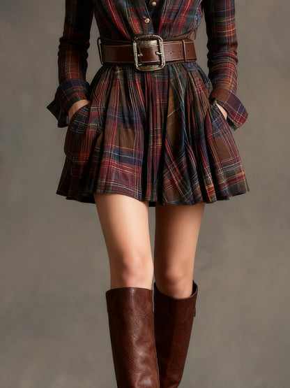 Effortless Plaid Flannel Shirt Dress for Women with Collar Long Sleeve Belted Flared Mini Style
