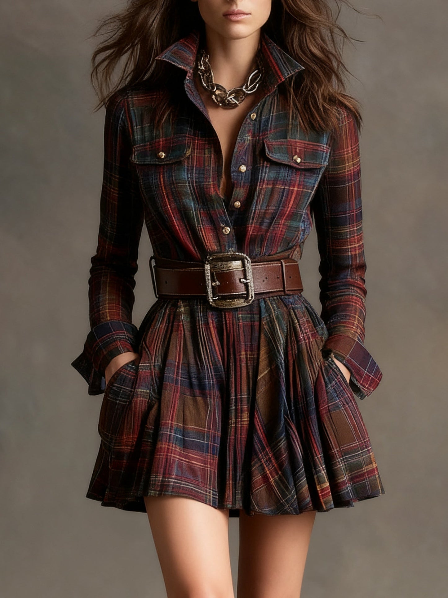 Effortless Plaid Flannel Shirt Dress for Women with Collar Long Sleeve Belted Flared Mini Style