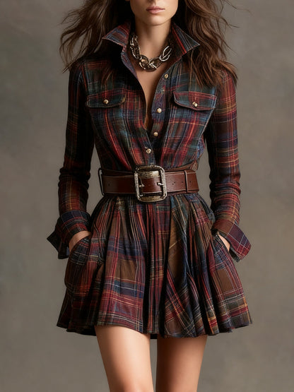 Effortless Plaid Flannel Shirt Dress for Women with Collar Long Sleeve Belted Flared Mini Style
