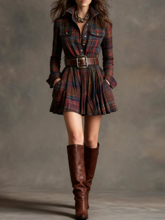 Effortless Plaid Flannel Shirt Dress for Women with Collar Long Sleeve Belted Flared Mini Style
