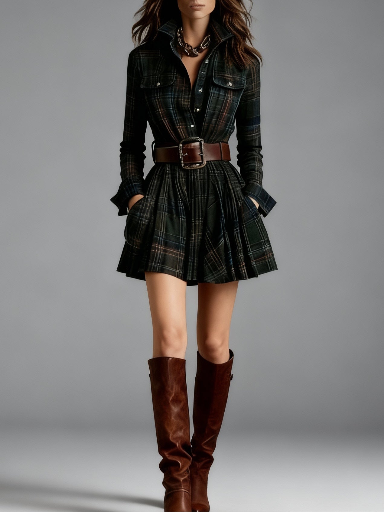 Effortless Plaid Flannel Shirt Dress for Women with Collar Long Sleeve Belted Flared Mini Style