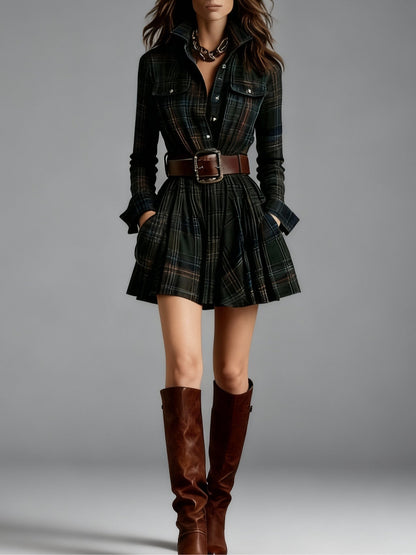Effortless Plaid Flannel Shirt Dress for Women with Collar Long Sleeve Belted Flared Mini Style