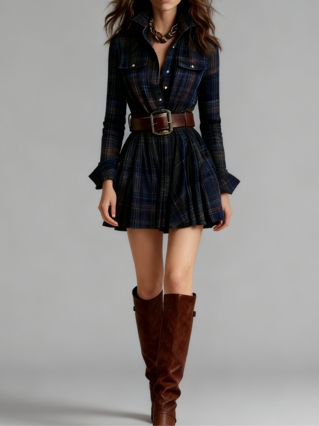 Effortless Plaid Flannel Shirt Dress for Women with Collar Long Sleeve Belted Flared Mini Style