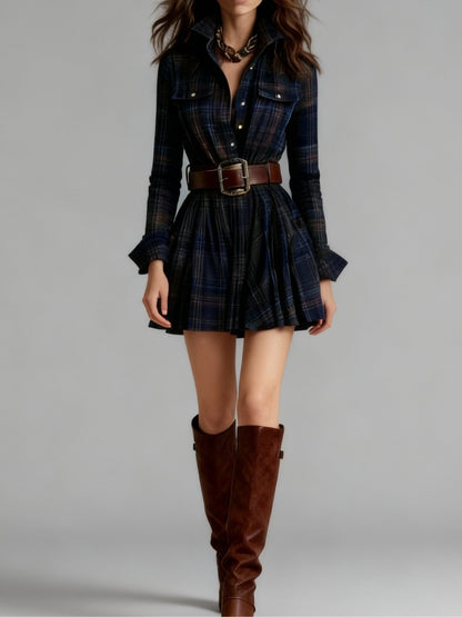 Effortless Plaid Flannel Shirt Dress for Women with Collar Long Sleeve Belted Flared Mini Style
