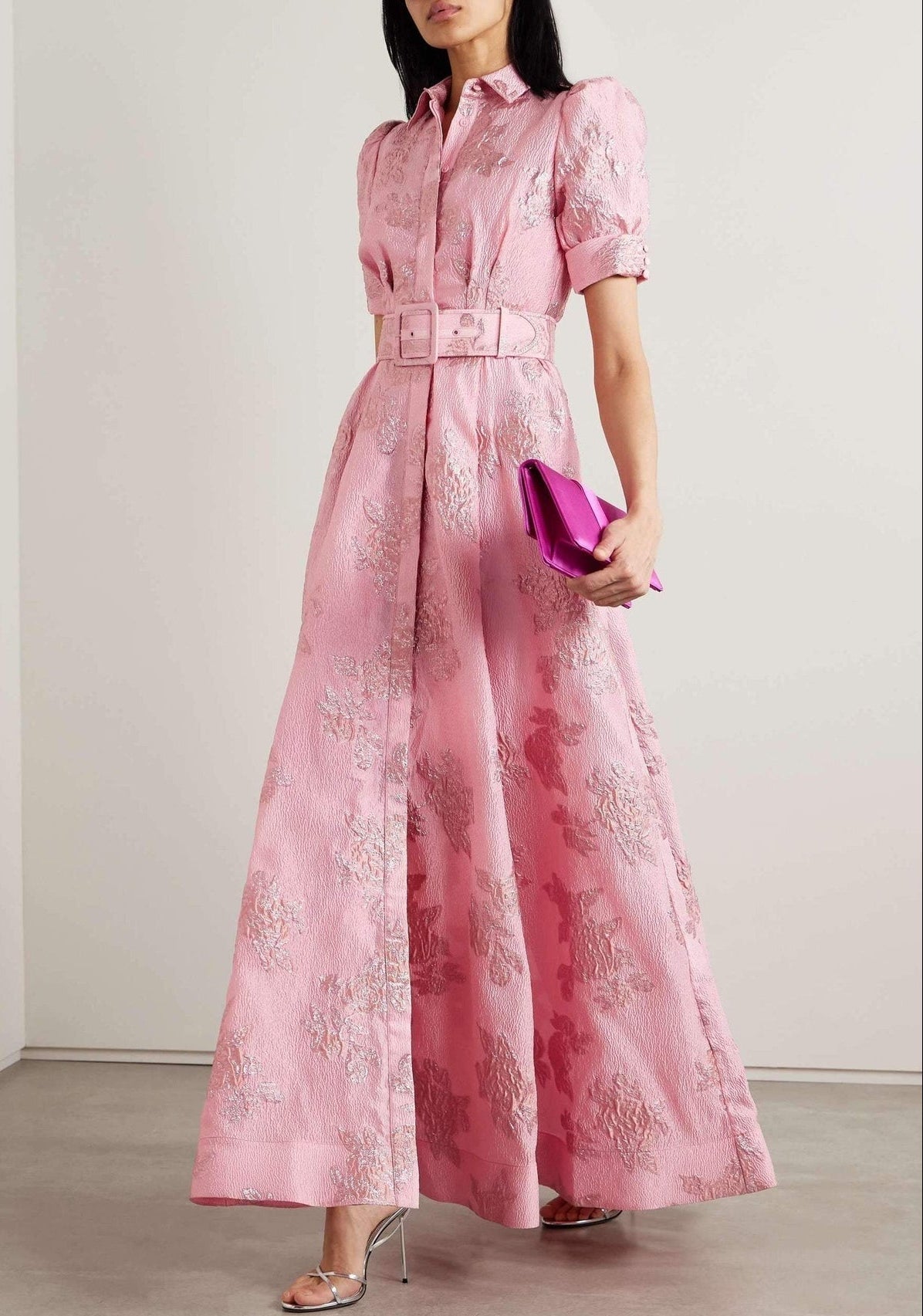 Elegant Pink Floral Jacquard Maxi Shirt Dress for Women with Collar Puff Sleeve Belted A Line Formal Style