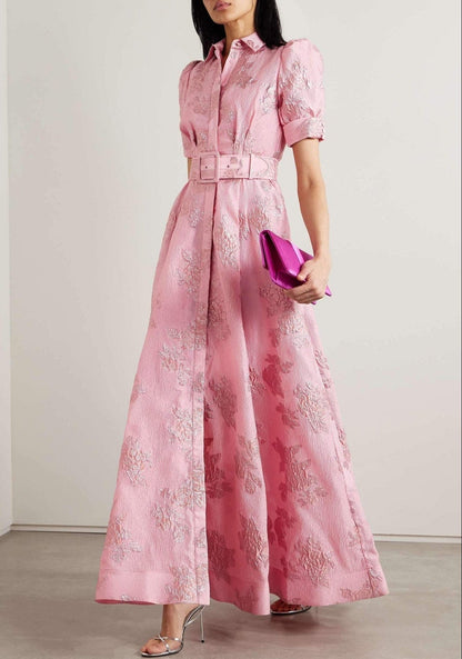 Elegant Pink Floral Jacquard Maxi Shirt Dress for Women with Collar Puff Sleeve Belted A Line Formal Style
