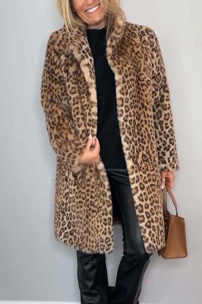 Women's Leopard Print Longline Faux Fur Coat