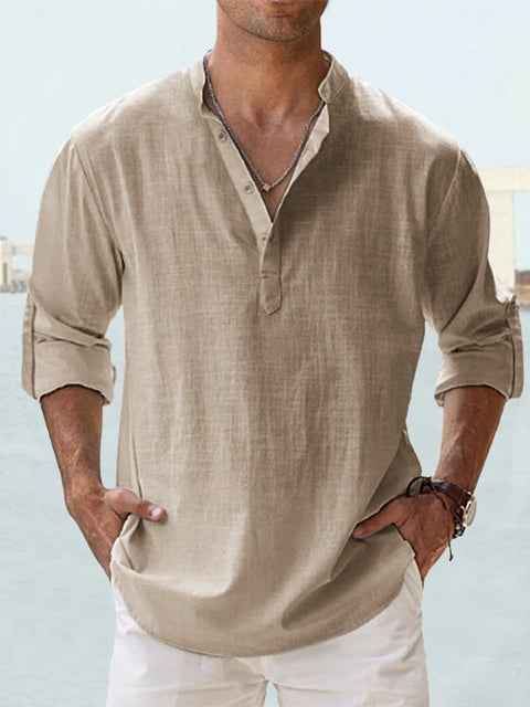 Effortless Linen Shirt for Women with Stand Collar Long Sleeve Button Placket Relaxed Casual Style