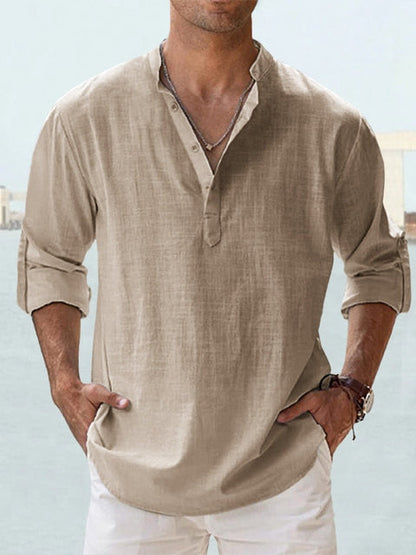 Effortless Linen Shirt for Women with Stand Collar Long Sleeve Button Placket Relaxed Casual Style