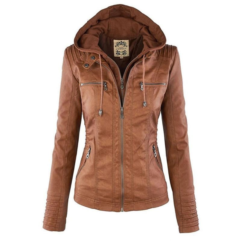 Women's Hooded Faux Leather Moto Jacket