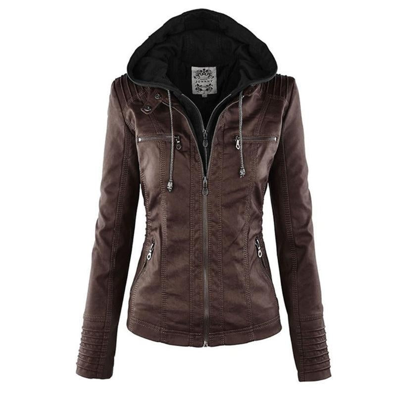Women's Hooded Faux Leather Moto Jacket