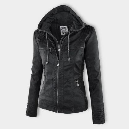Women's Hooded Faux Leather Moto Jacket
