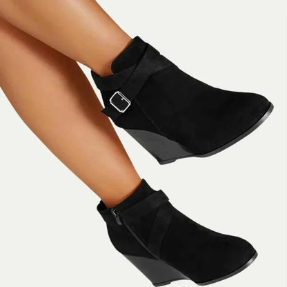 Women's Suede Wedge Buckle Ankle Boots