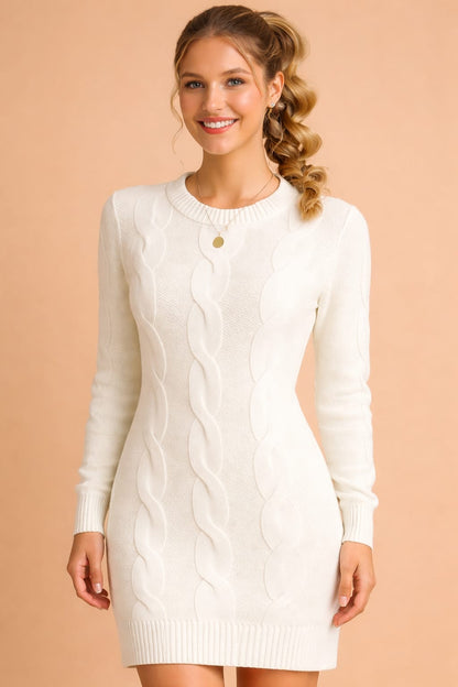 Warm Cable Knit Sweater Dress for Women with Crew Neck Long Sleeve Midi Pullover Fall Style