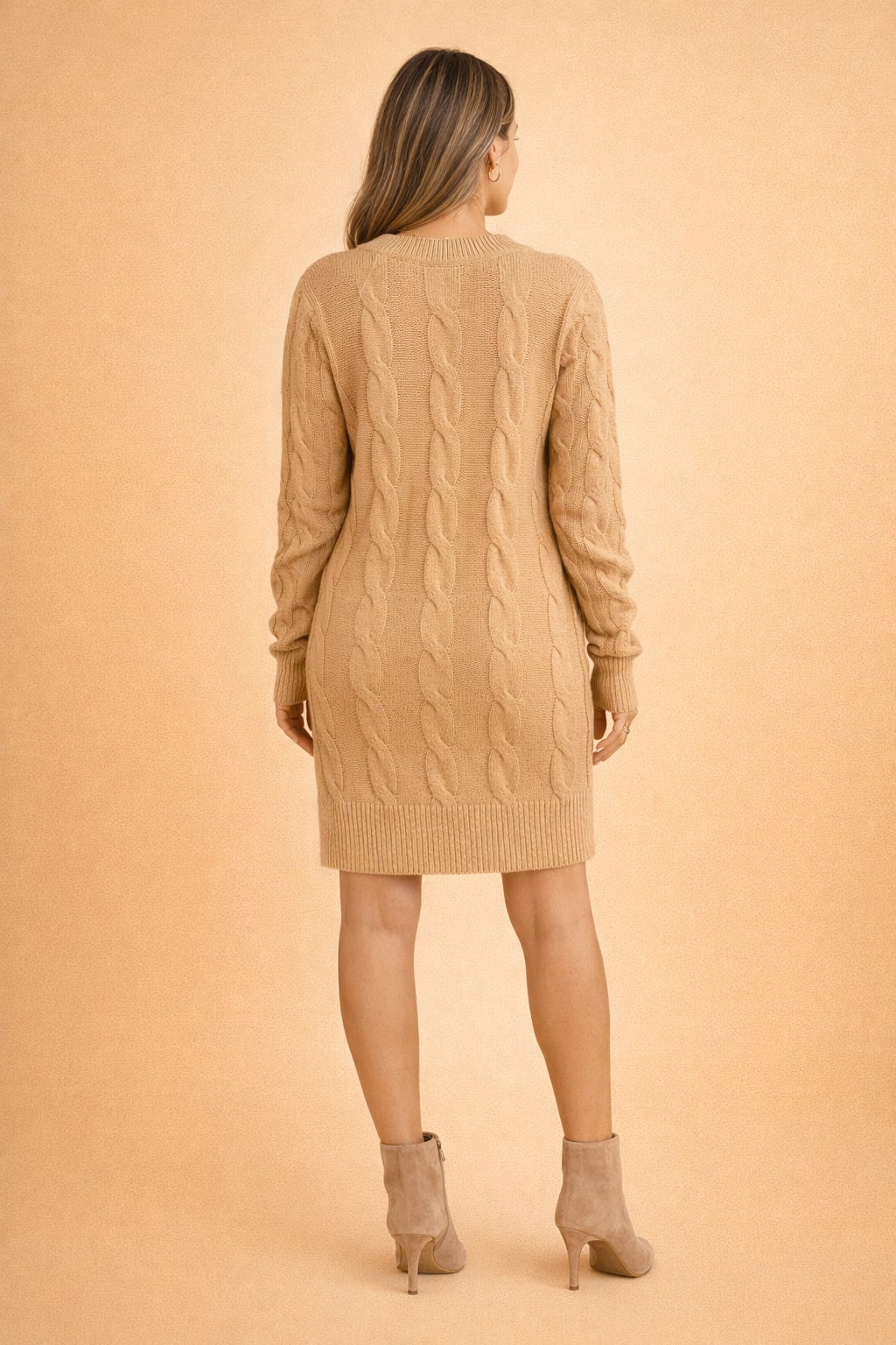 Warm Cable Knit Sweater Dress for Women with Crew Neck Long Sleeve Midi Pullover Fall Style