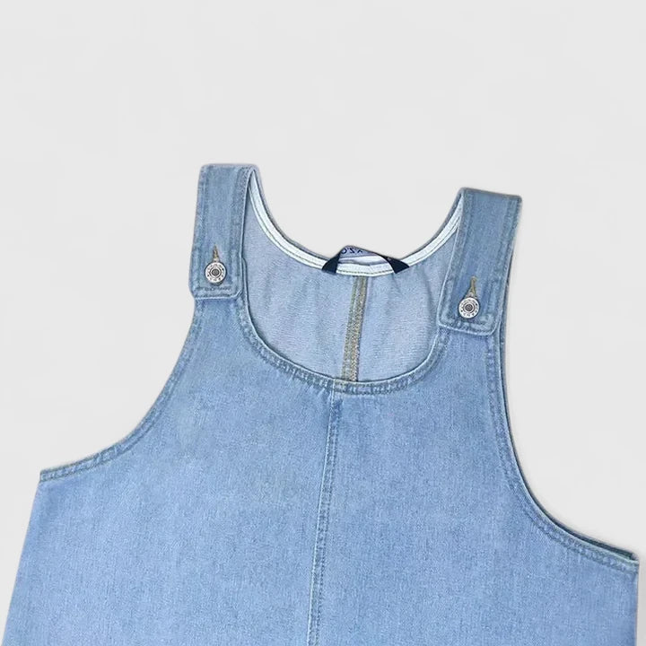 Effortless Blue Denim Mini Dress for Women with Scoop Neck Sleeveless Patch Pocket Shift Style