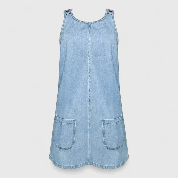 Effortless Blue Denim Mini Dress for Women with Scoop Neck Sleeveless Patch Pocket Shift Style