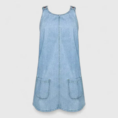 Effortless Blue Denim Mini Dress for Women with Scoop Neck Sleeveless Patch Pocket Shift Style