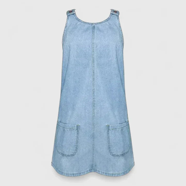 Effortless Blue Denim Dress for Women with Scoop Neck Sleeveless Patch Pocket A Line Casual Style